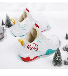 Detail view of children's winter basketball shoes with warm fleece lining and 24 print