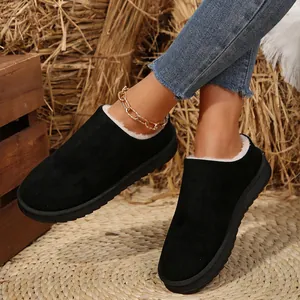 Close-up of black suede snow boots with plush faux fur lining