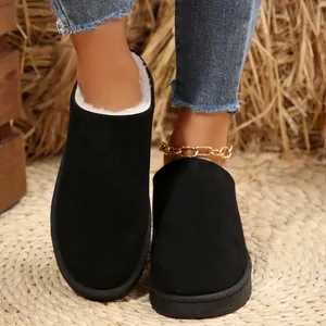 Detailed view of women's black suede snow boots with soft white faux fur lining.
