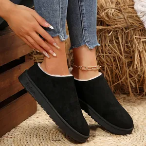 Detail of black suede snow boots with plush faux fur lining and thick soles.