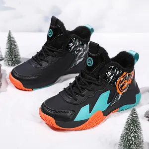 Boys winter fleece-lined basketball training shoes with anti-slip rubber soles and 24 print