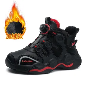 Boys' black and red basketball shoes with rotary buckle and warm fleece lining