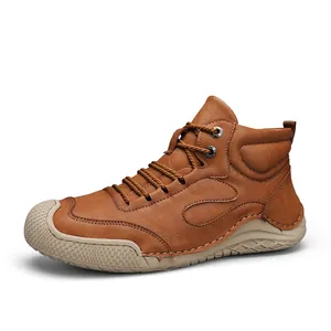Bottines de travail décontractées en cuir marron cousues main pour hommes, semelle gomme