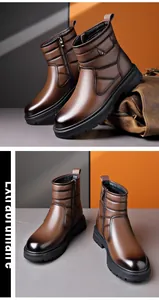 Vue détaillée de bottines d'hiver en cuir marron pour hommes avec motif matelassé et zip
