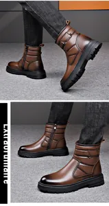 Détails des bottines d'hiver en cuir marron pour hommes avec semelle épaisse antidérapante.