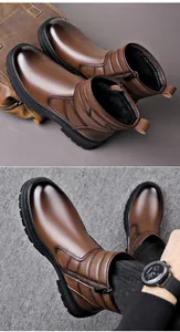 Détail de bottes d'hiver en cuir marron pour hommes avec doublure en fourrure et fermeture