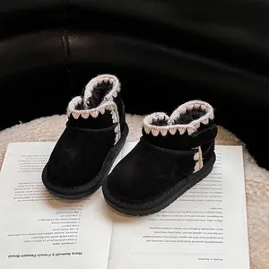 Bottes de neige noires pour enfants avec bordure au crochet et doublure polaire chaude