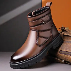Bottines Martin en Cuir Véritable pour Hommes Hiver Chaud Doublé Polaire Semelle Épaisse Antidérapant Fermeture Éclair Bottes