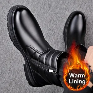 Bottes de neige d'hiver en cuir noir pour hommes avec doublure chaude et semelle plateforme