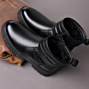 Bottes de neige d'hiver en cuir pour hommes avec doublure en peluche et semelle antidérapante