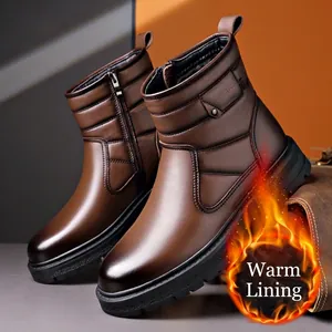 Bottes d'hiver en cuir marron pour hommes avec doublure chaude et semelle épaisse