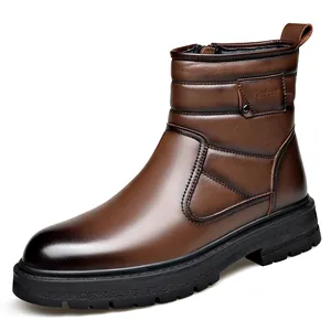 Bottines d'hiver en cuir marron pour hommes avec doublure chaude et semelle épaisse