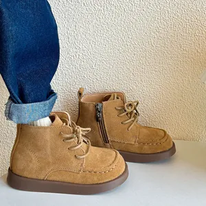 Retro tan suede children's Martin boots featuring side zipper and laces for autumn winter