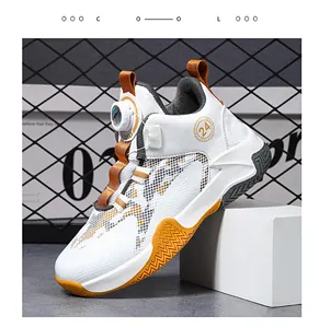 Detail view of breathable mesh basketball shoes for boys with rotary buckle