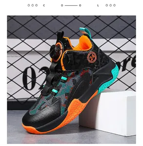 Close-up of children's basketball shoe with breathable mesh and rotating buckle system