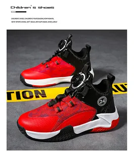 Detail of red mesh boys' basketball shoes with quick-lace rotating buckle