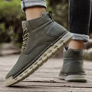 Men's High-Top Outdoor Boots Hand-Stitched Microfiber Leather Lace-Up Non-Slip Casual Work Shoes Autumn Winter Large Size