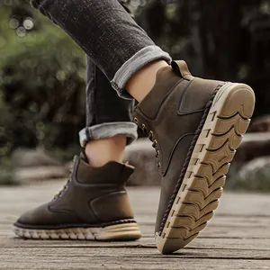 Men's outdoor hand-stitched high-top boots with textured non-slip rubber soles