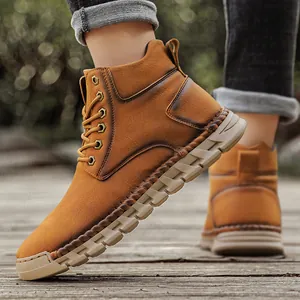 Men's rugged hand-stitched leather outdoor high-top boots with durable non-slip soles