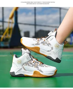 Children's white basketball shoes with breathable mesh and rotary lace dial system
