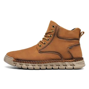 Hand-stitched brown leather high-top outdoor boots for men featuring durable rubber soles