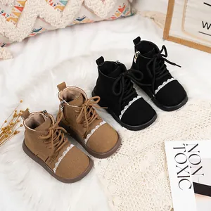 Girls Genuine Leather Ankle Boots Korean Style Lace Princess Martin Boots Fall Winter Side Zipper Soft Sole Toddler Footwear