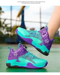 Detailed view of breathable purple mesh basketball shoes for kids with rotary buckle