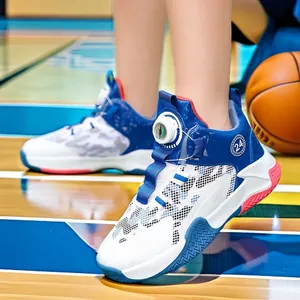 Breathable blue and white boys' basketball shoes featuring a modern rotary buckle.