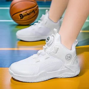 Premium white boys' breathable mesh basketball shoes with innovative rotating buckle system