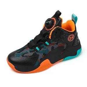 Boys' breathable basketball shoes with rotating buckle closure in black and orange