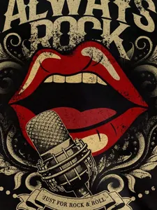 Close-up of rock and roll print with red lips and microphone for women's top