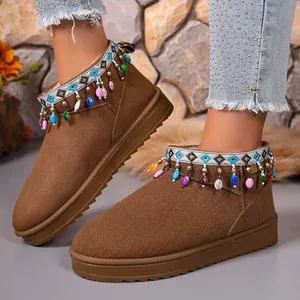 Bohemian Tassel Platform Snow Boots For Women Winter Warm Faux Fur Lined Ethnic Bead Webbing Outdoor Casual Non-slip Boots