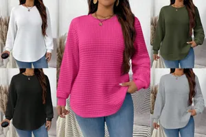 Women's long sleeve crew neck sweatshirt with textured block grid pattern in five colors