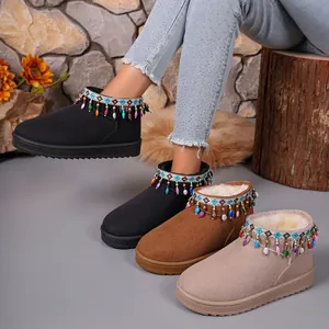 Women's stylish warm platform snow boots with colorful beaded tassels and plush lining