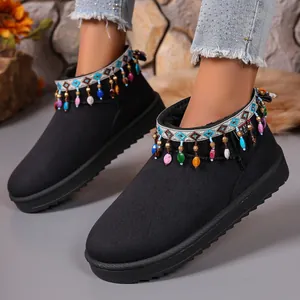Women's thick-soled black snow boots with bohemian beaded fringe tassels