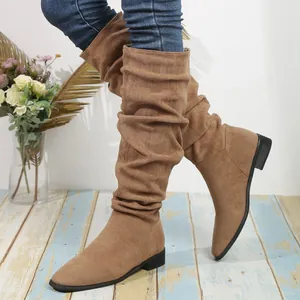 Botas Western Retro para Mujer con Punta Puntiaguda Tacón Grueso Acabado de Gamuza Microfibra Botas Altas de Moda para Mujer
