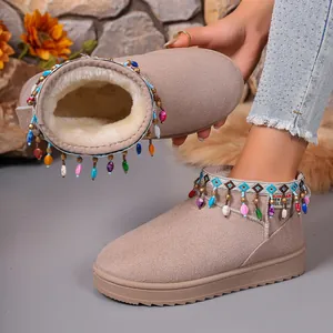 Bohemian style fleece-lined thick-soled snow boots with colorful tassel bead trim