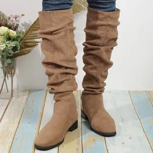 Botas altas de ante de estilo vintage con tacón grueso y punta fina para mujer