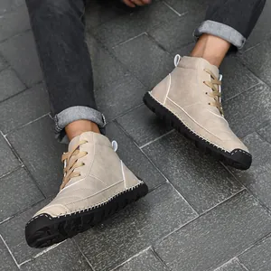 Men's casual khaki high-top Martin boots with distinctive white hand-stitched edge details
