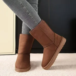 Side view of classic brown suede-style high-top snow boots with warm lining for women