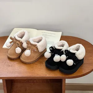 Girls Winter Snow Boots Toddler Kids Warm Plush Lined Boots With Velvet Bow And Pom Poms Suede Anti-slip Princess Shoes