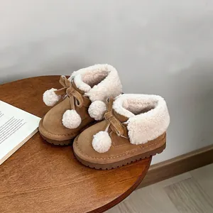 Warm toddler girl winter snow boots in brown with faux fur lining and white pom poms