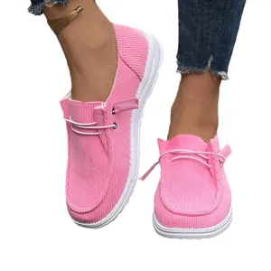 Stylish pink corduroy casual loafers for women, flat slip-on shoes with elastic laces.