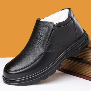 Botas de Nieve Casuales de Cuero de Vaca de Primera Capa para Hombre Invierno Cálido Forro de Lana Zapatos de Caña Alta
