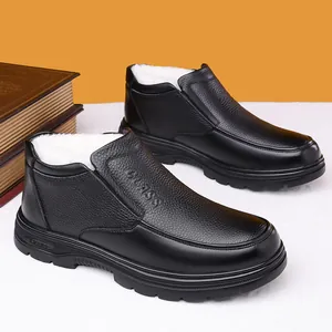 Botas de invierno para hombre en cuero genuino negro con forro de lana muy cálido