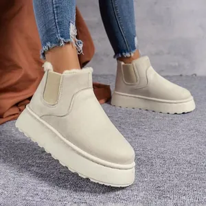 Close-up view of stylish off-white thick-sole snow boots with warm faux fur lining for winter.