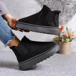 Detail of women's warm black snow boots with thick soles and plush faux fur lining