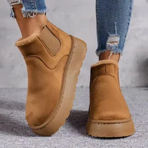 Detailed view of warm platform snow boots with plush lining and suede finish.
