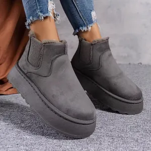 Detail view of stylish grey platform snow boots featuring faux fur lining and thick soles
