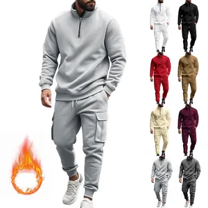 Chándal Casual para Hombre Forro de Lana Cálido Top con Cuello Alto y Media Cremallera y Pantalones Jogger Cargo Ropa Deportiva de Invierno